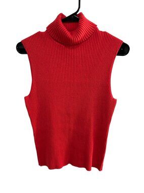 Women's Sleeveless Red Stretchy Ribbed Knit Turtleneck Sweater Vest Sleek Modern